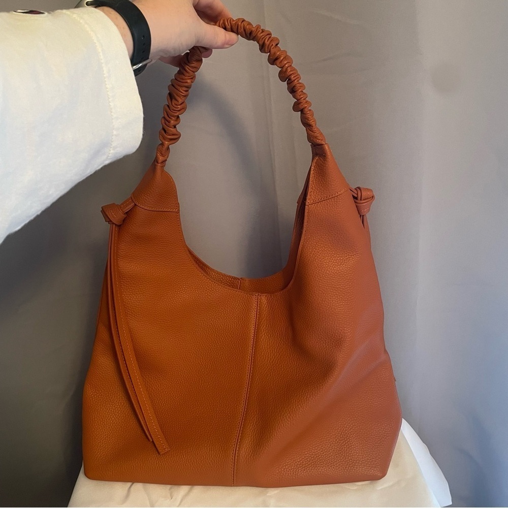 Laggo Hobo Bag Brown Tan Genuine Leather NWOT Pebbled Ruched Strap Bella